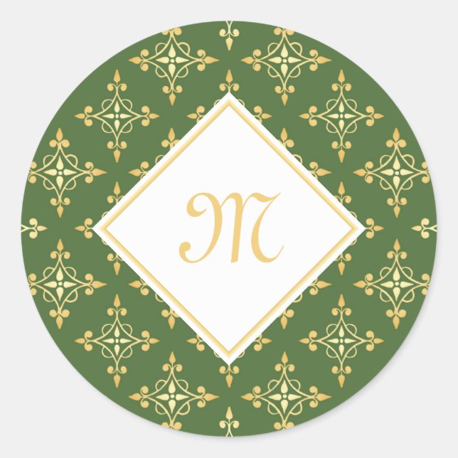 Luxus Monogram Green und Gold Quatre Floral Runder Aufkleber (Vorderseite)