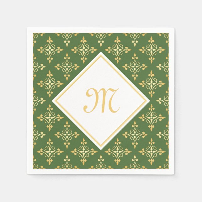 Luxus Monogram Green und Gold Quatre Floral Serviette (Vorderseite)
