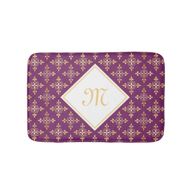 Luxus Monogram Lila und Gold Quatre Floral Badematte (Vorderseite)
