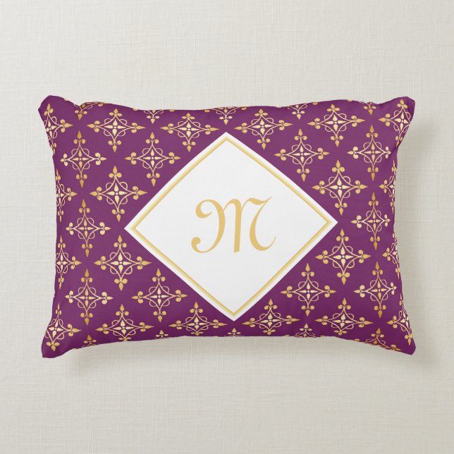 Luxus Monogram Lila und Gold Quatre Floral Dekokissen (Vorderseite)