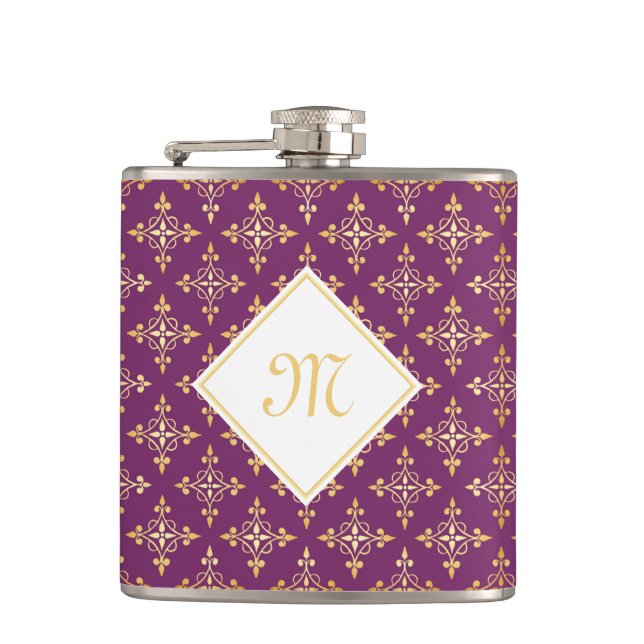 Luxus Monogram Lila und Gold Quatre Floral Flachmann (Vorderseite)