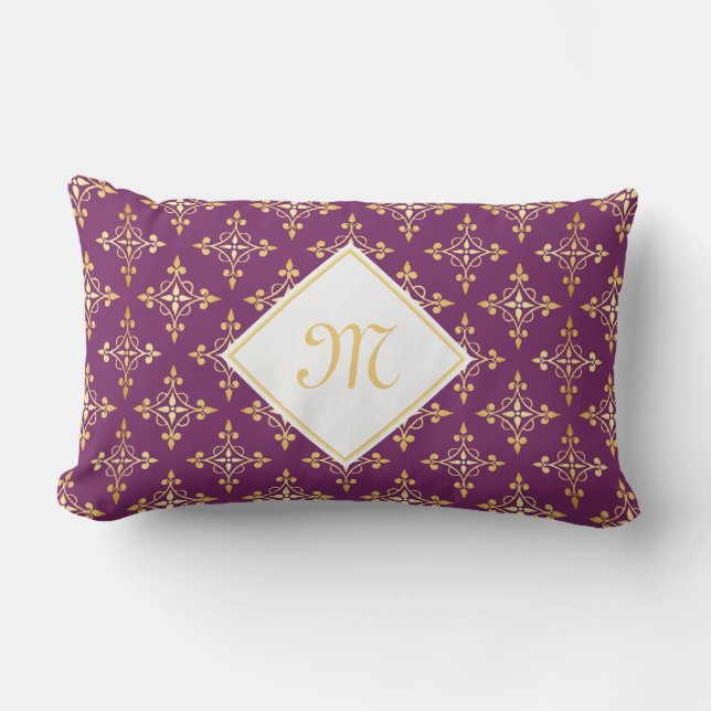 Luxus Monogram Lila und Gold Quatre Floral Lendenkissen (Vorderseite)