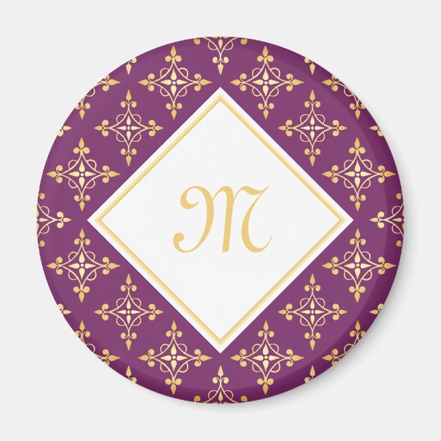 Luxus Monogram Lila und Gold Quatre Floral Magnet (Vorne)
