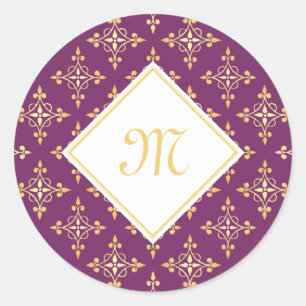 Luxus Monogram Lila und Gold Quatre Floral Runder Aufkleber