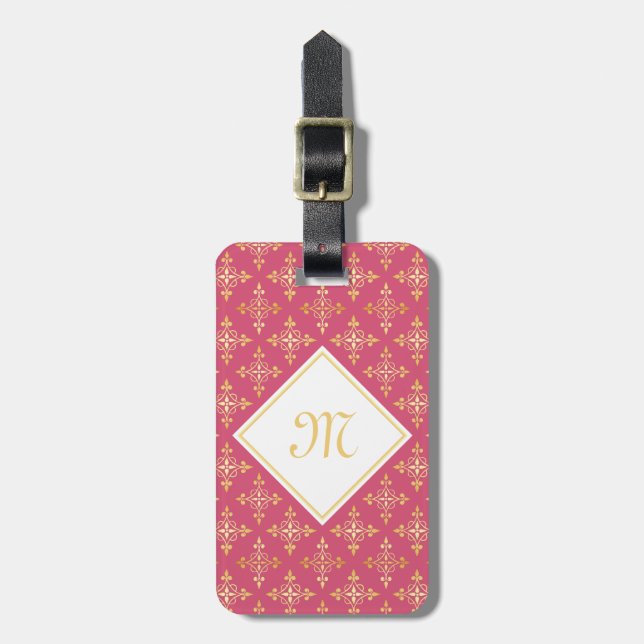 Luxus Monogram Pink und Gold Quatre Bloral Gepäckanhänger (Vorderseite vertikal)