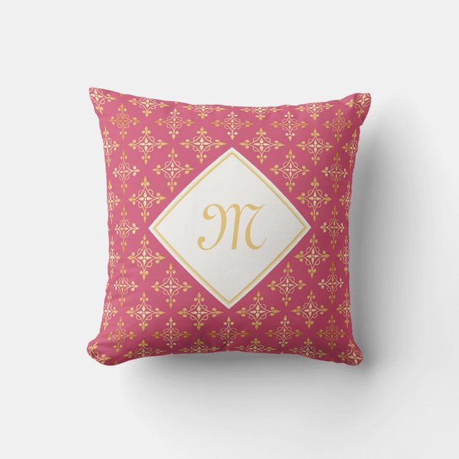 Luxus Monogram Pink und Gold Quatre Bloral Kissen (Vorderseite)