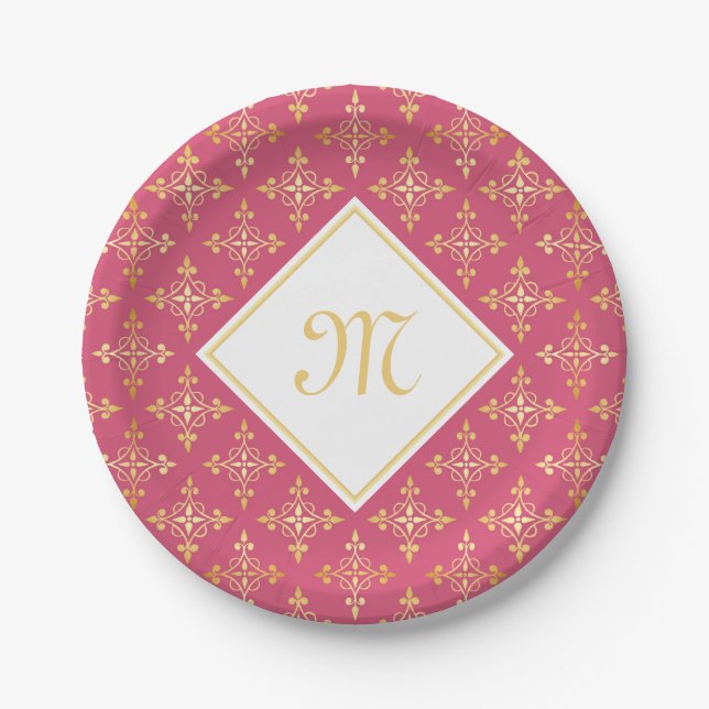 Luxus Monogram Pink und Gold Quatre Bloral Pappteller (Vorderseite)