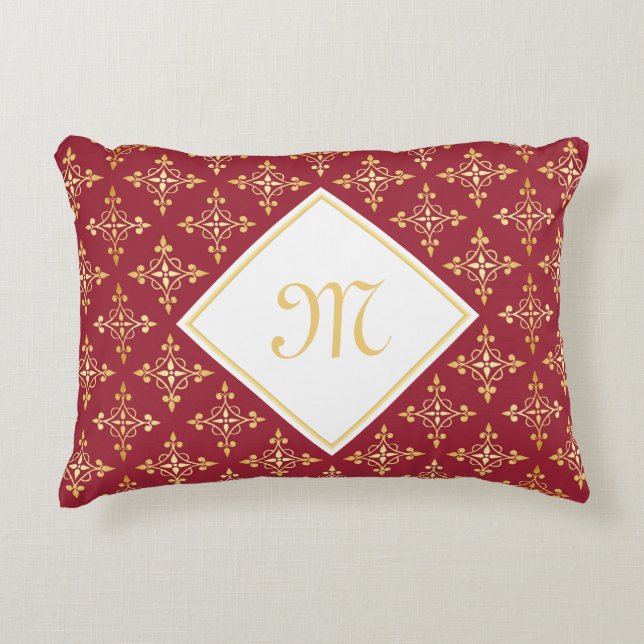 Luxus Monogram Rot und Gold Quatre Bloral Dekokissen (Vorderseite)