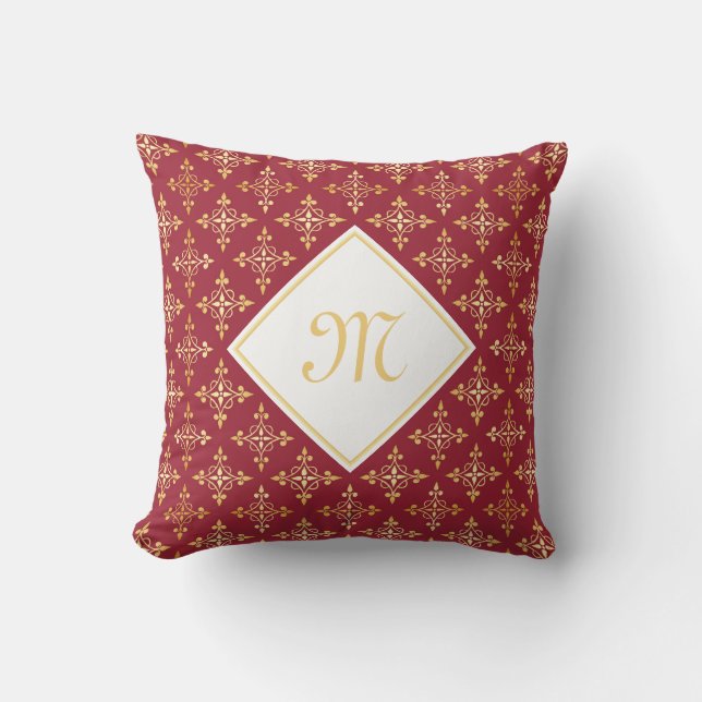 Luxus Monogram Rot und Gold Quatre Bloral Kissen (Vorderseite)