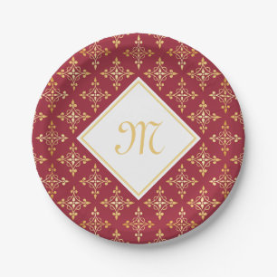 Luxus Monogram Rot und Gold Quatre Bloral Pappteller