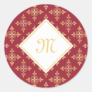 Luxus Monogram Rot und Gold Quatre Bloral Runder Aufkleber