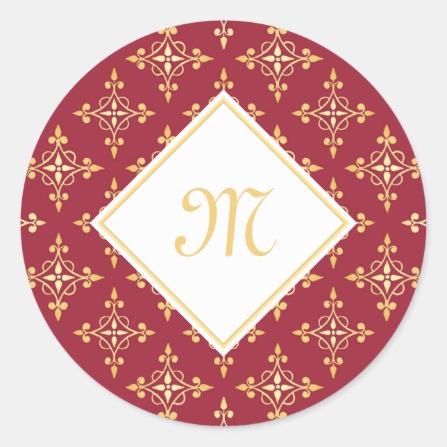 Luxus Monogram Rot und Gold Quatre Bloral Runder Aufkleber (Vorderseite)
