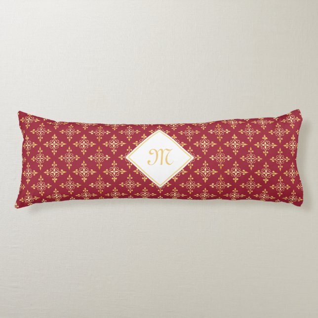 Luxus Monogram Rot und Gold Quatre Bloral Seitenschläferkissen (Vorderseite)