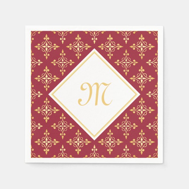 Luxus Monogram Rot und Gold Quatre Bloral Serviette (Vorderseite)
