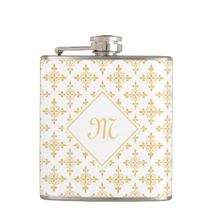 Luxus Monogram White and Gold Quatre Floral Flachmann
