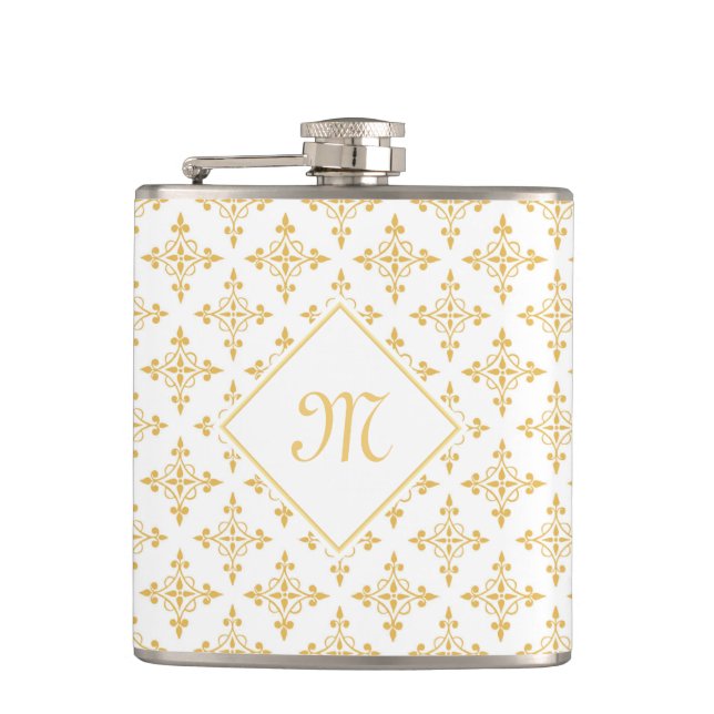 Luxus Monogram White and Gold Quatre Floral Flachmann (Vorderseite)