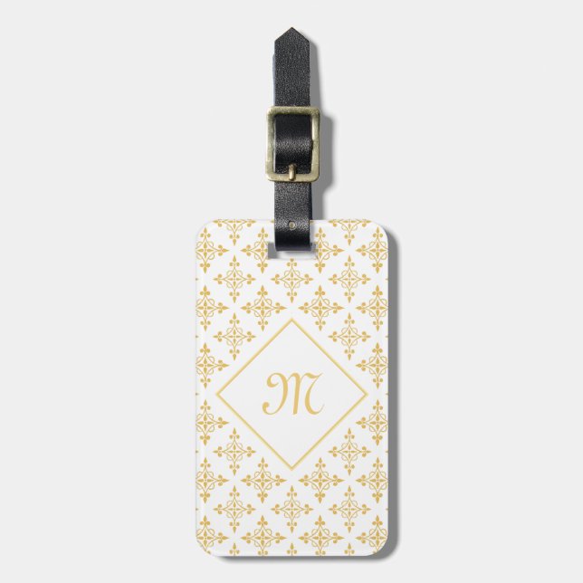 Luxus Monogram White and Gold Quatre Floral Gepäckanhänger (Vorderseite vertikal)