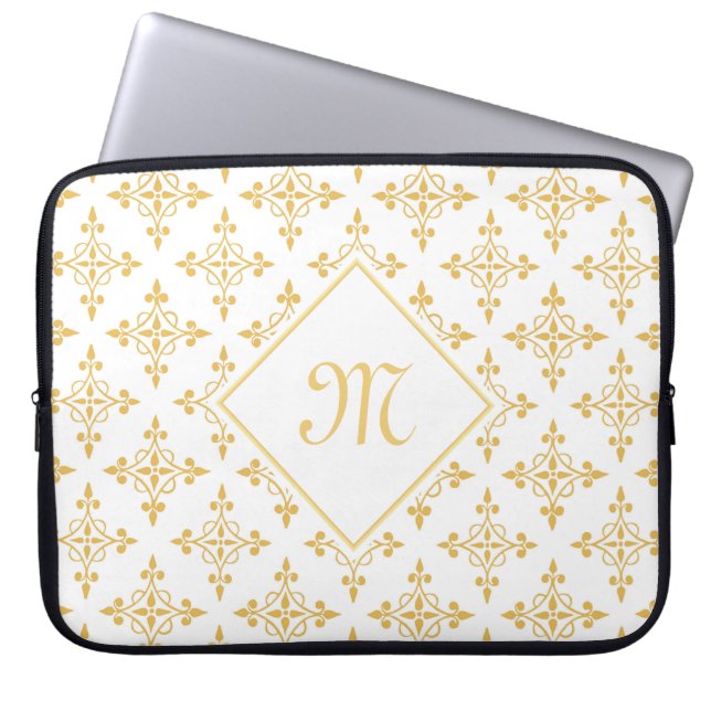 Luxus Monogram White and Gold Quatre Floral Laptopschutzhülle (Vorderseite)