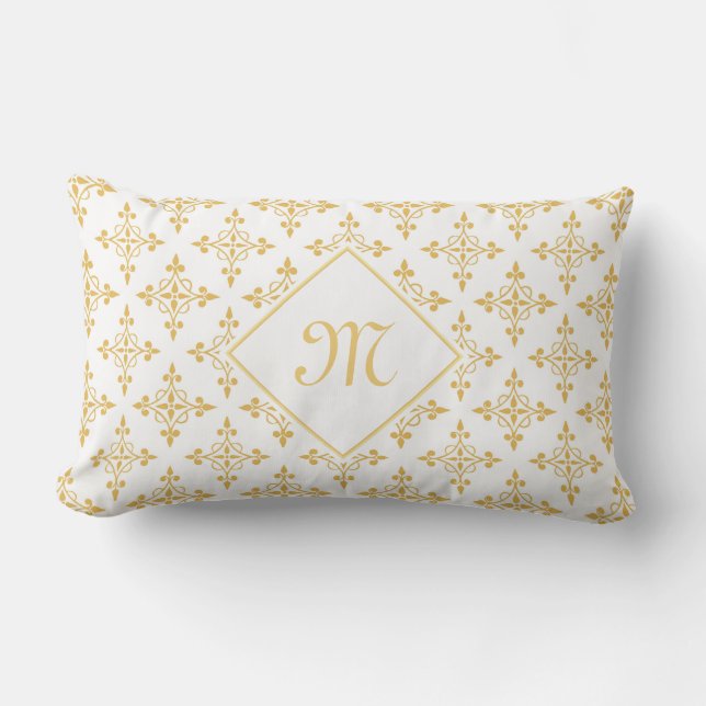Luxus Monogram White and Gold Quatre Floral Lendenkissen (Vorderseite)