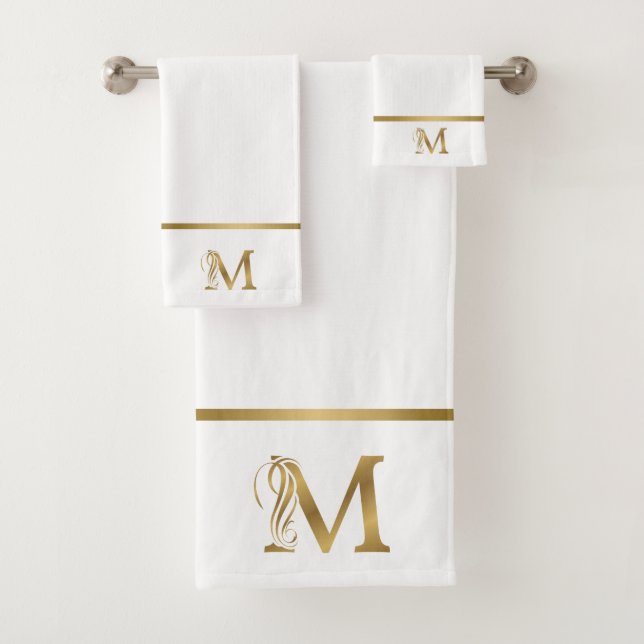Luxus monogramm goldener Buchstabe M auf blau Badhandtuch Set (Insitu)