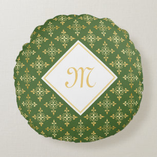 Luxus-Monogramm Grün und Gold Quatre Floral Rundes Kissen