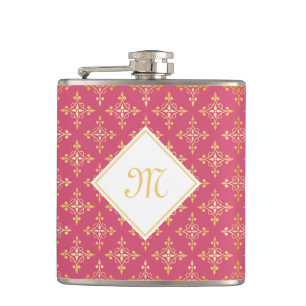 Luxus-Monogramm Rosa und Gold Quatre Floral Flachmann