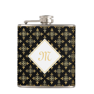 Luxus-Monogramm Schwarz und Gold Quatre Floral Flachmann