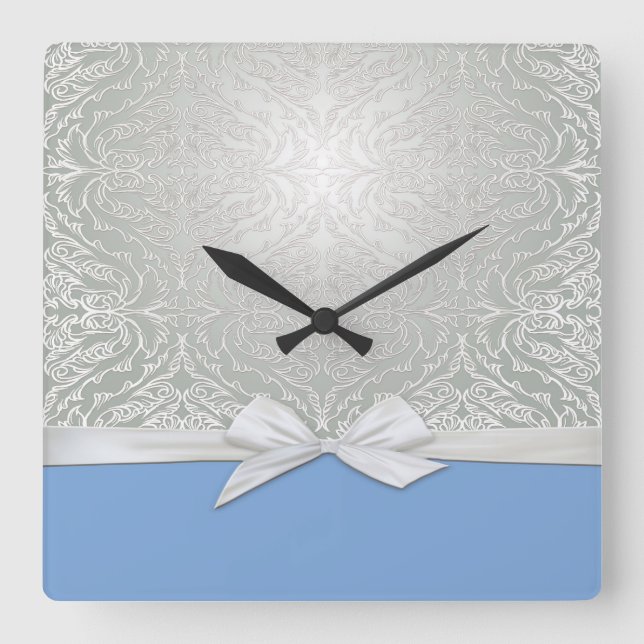 Luxus-Multifunktionsleisten-Silber/Blau-Damaskus-U Quadratische Wanduhr (Vorderseite)