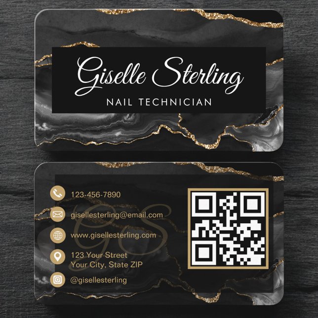 Luxus-Nageltechniker Schwarz-Gold-QR-Code Visitenkarte (Von Creator hochgeladen)