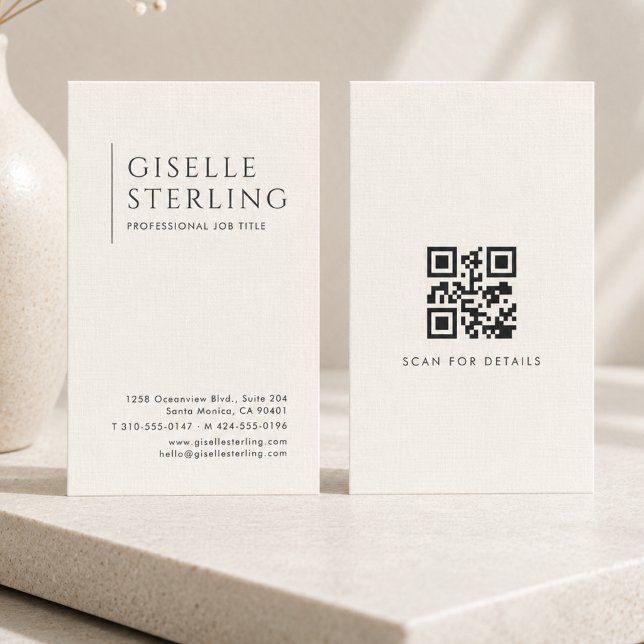 Luxus-Natur-Elfenbein-Leinen-QR-Code Visitenkarte (Von Creator hochgeladen)