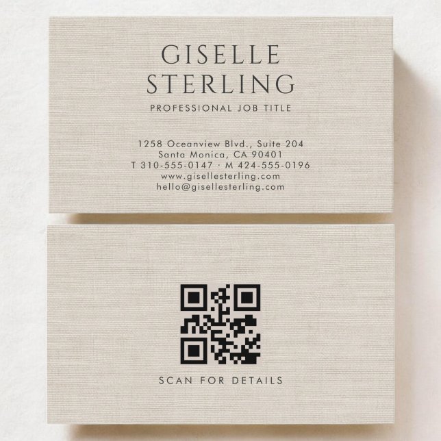 Luxus-Natur-Neutral-Leinen-QR-Code Visitenkarte (Von Creator hochgeladen)