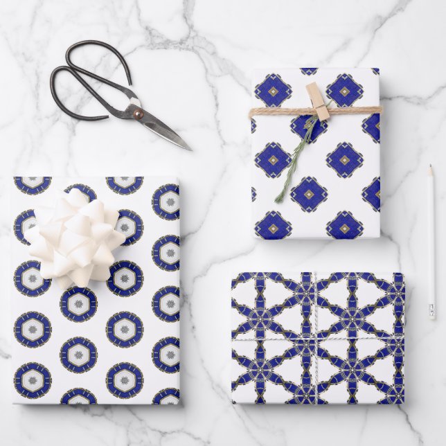 Luxus Nautical Sapphire Blue & White Gemustert Geschenkpapier Set (Vorderseite)
