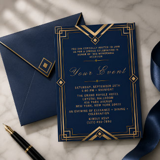 Luxus Navy Blau Gold Art Deco Gala-Feier Einladung
