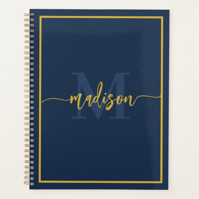 Luxus Navy Blau Gold Monogramm Schriftname Planer (Vorderseite)