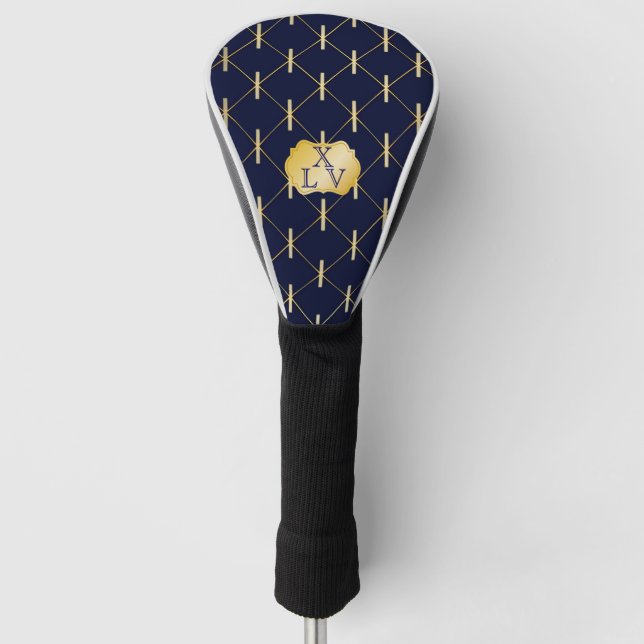 Luxus Navy Blue & Gold Lattice Monogram Golf Headcover (Vorderseite)