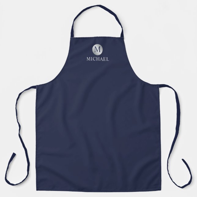Luxus Navy Blue und Silver Personalisiert Monogram Schürze (Vorderseite)