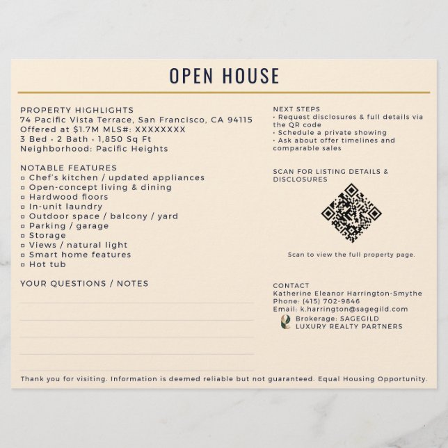 Luxus Navy/Cream Open House Beidseitige Anmeldeunt Flyer (Hinten)