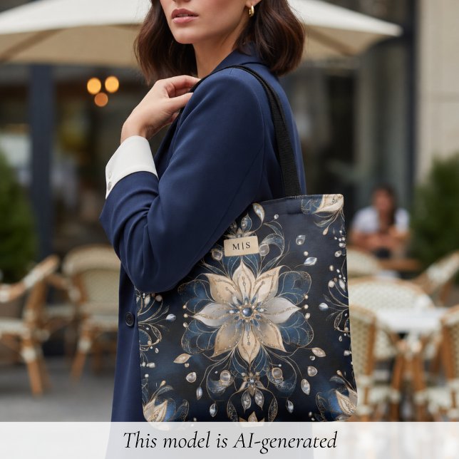 Luxus Navy Gold Blumenmuster (luxury navy gold floral tote bag with monogram, elegant personalized gift for her)