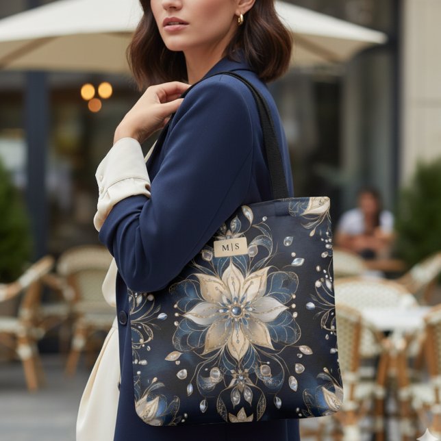 Luxus Navy Gold Blumenmuster (luxury navy gold floral tote bag with monogram, elegant personalized gift for her)