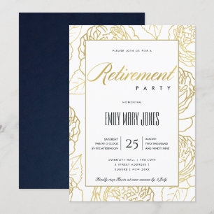 LUXUS NAVY GOLD ELEGANT ROSE BLUMEN PENSIONIERUNG EINLADUNG