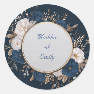 Luxus Navy Gold Weiße Rose Floraler Kranz Hochzeit Runder Aufkleber