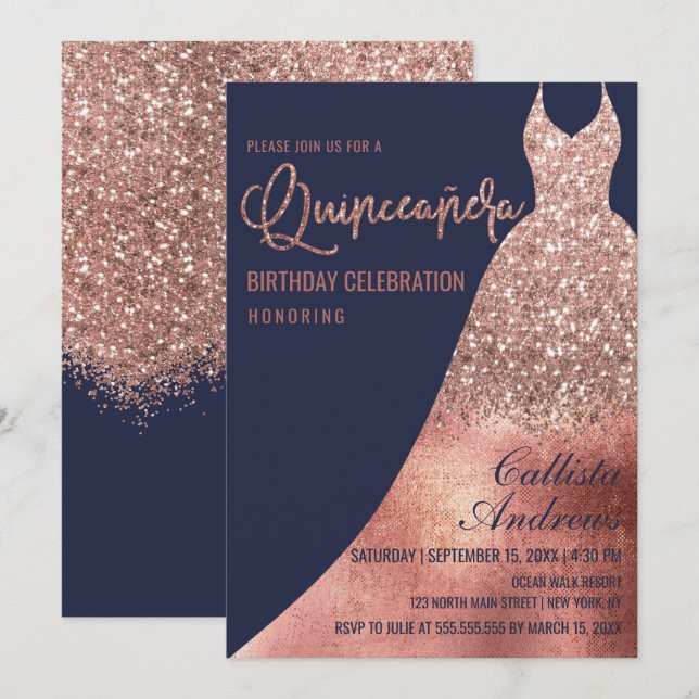 Luxus Navy Rose Gold Glitzer Kleid Quinceañera Einladung (Vorne/Hinten)