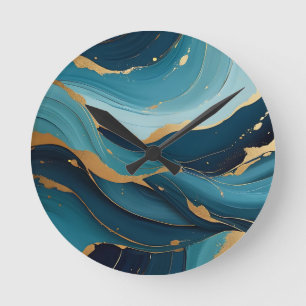 Luxus-Navy-Teal-Gold-Flüssig-Abstraktmuster Runde Wanduhr