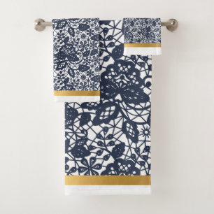 LUXUS NAVY WHITE LACE GOLD BADEZIMMER TOWEL SET 2