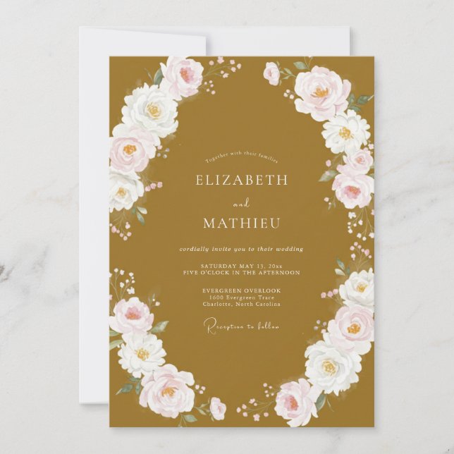 Luxus-Ocker-gemalte-Blüten-Hochzeit Einladung (Vorderseite)
