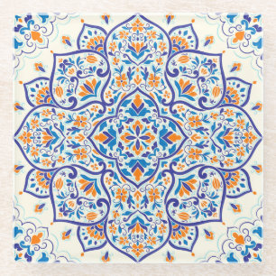 Luxus-Orange-Blau-Ornamentmuster Glasuntersetzer