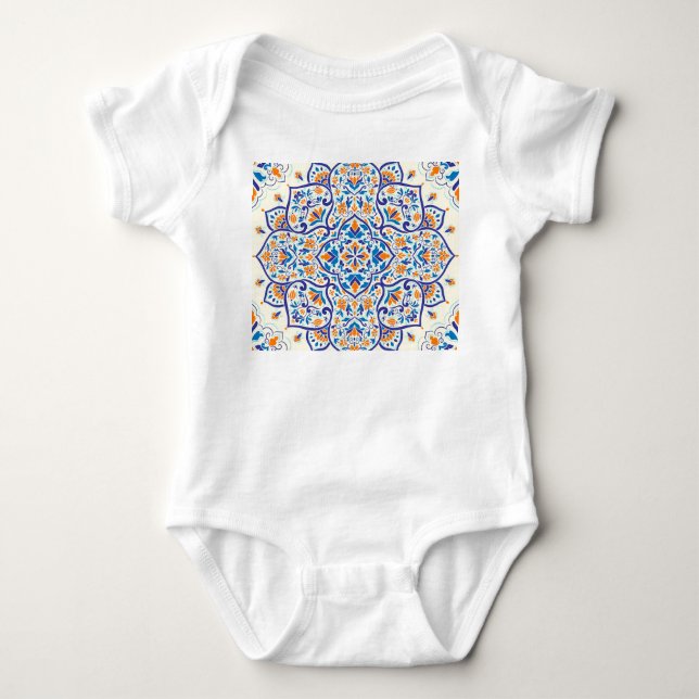Luxus Orange Blue Ornament Muster Baby Strampler (Vorderseite)