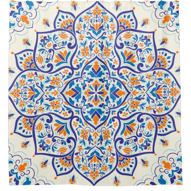Luxus Orange Blue Ornament Muster Duschvorhang (Vorderseite)