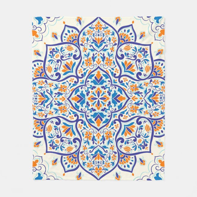 Luxus Orange Blue Ornament Muster Fleecedecke (Vorderseite)