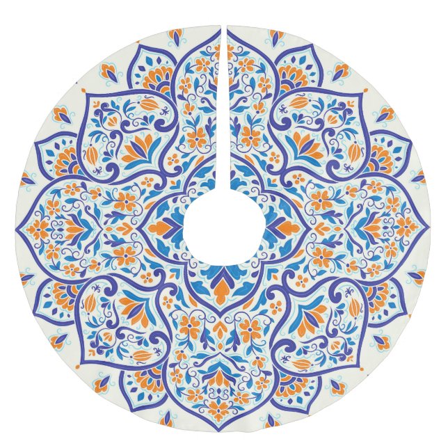 Luxus Orange Blue Ornament Muster Polyester Weihnachtsbaumdecke (Vorderseite)